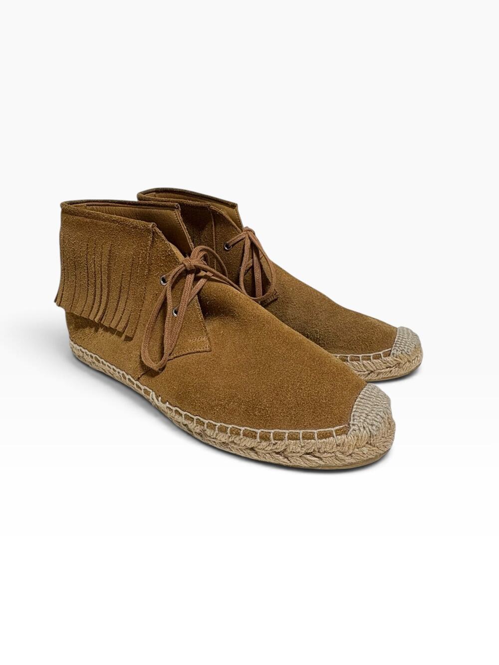 Saint Laurent Suede Fringe Espadrille Whipstitch Boots 37.5 7.5